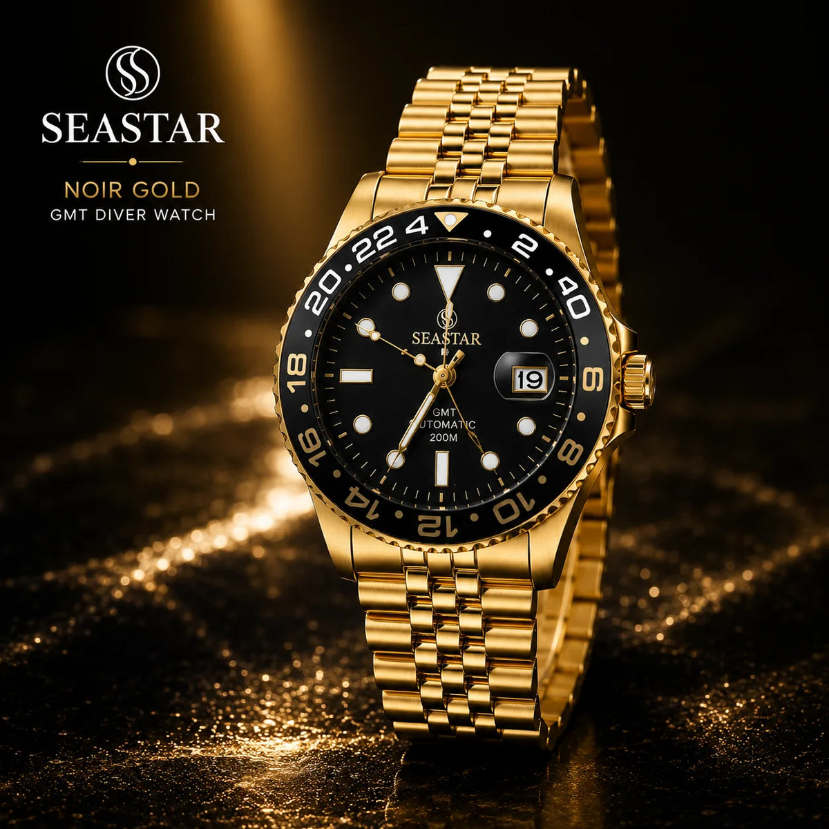 SEASTAR Noir Gold — GMT Diver Watch | Gold Bracelet