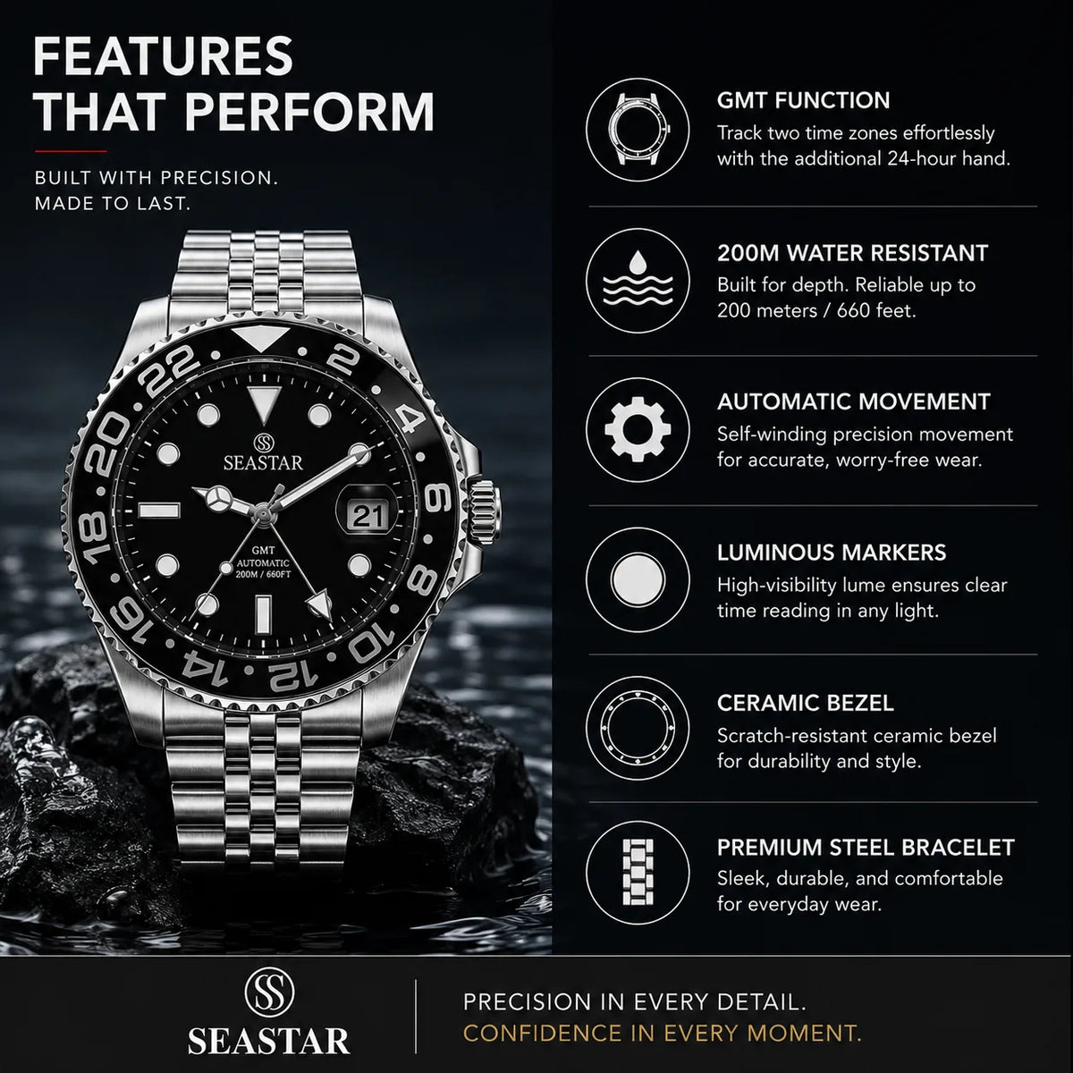 SEASTAR Onyx Steel — GMT Diver Watch | Steel Bracelet