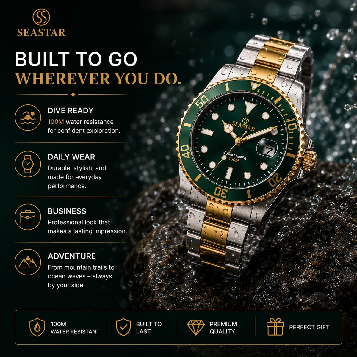 SEASTAR Onyx Steel — GMT Diver Watch | Steel Bracelet