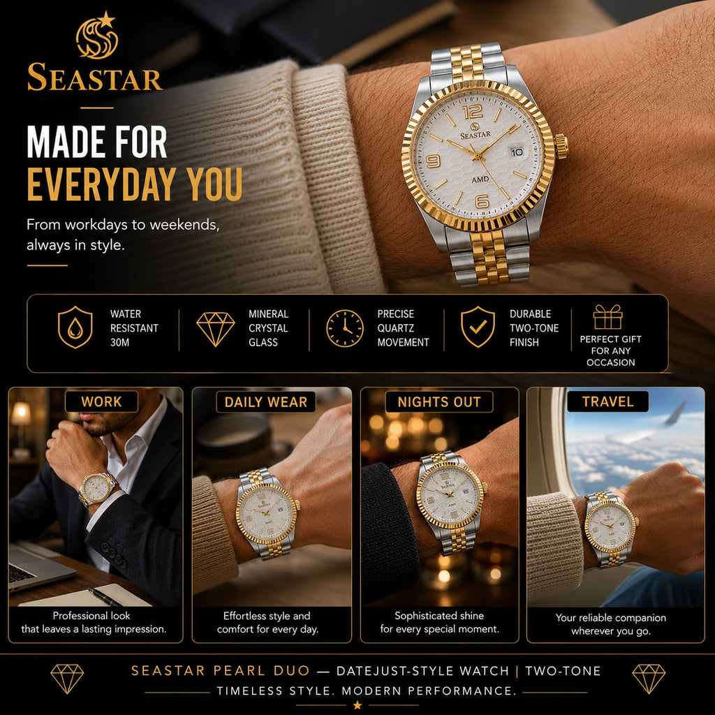 SEASTAR Pearl Duo — Fluted Bezel Classic Watch | Two-Tone