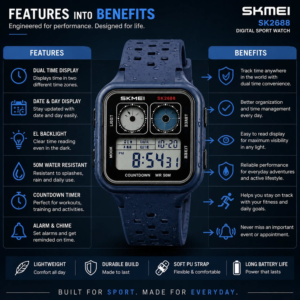 SKMEI SK2688 Digital Sport Watch — Navy